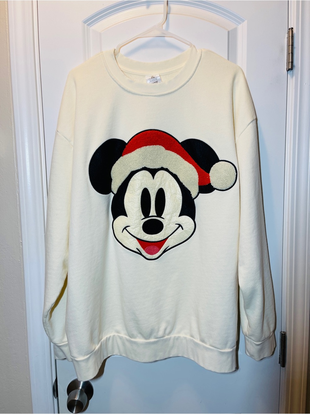 Disney Cream Crewneck Sweatshirt with Mickey Santa Graphic